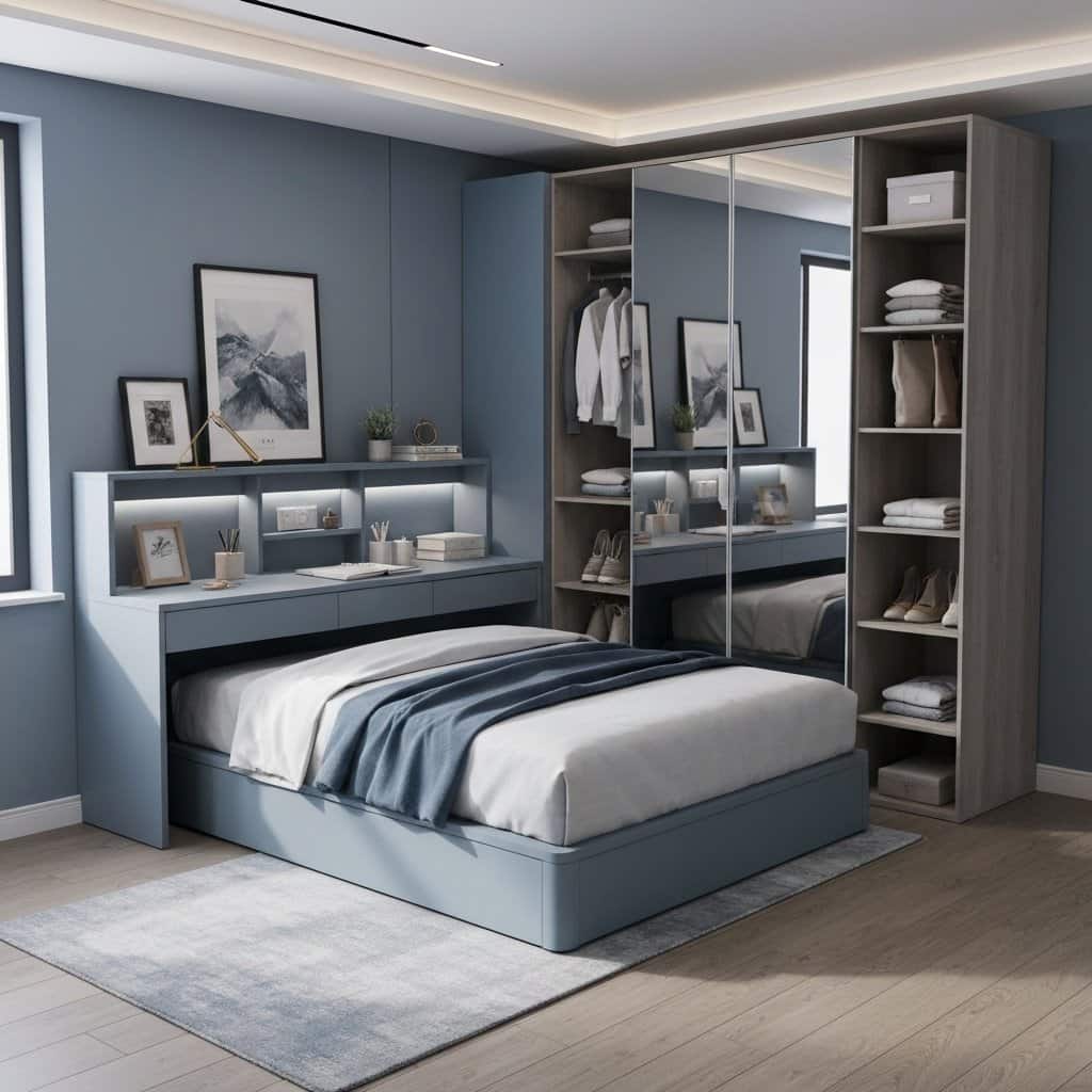 Meble wielofunkcyjne: łóżko z biurkiem i szafa z regałem – klucz do optymalizacji przestrzeni